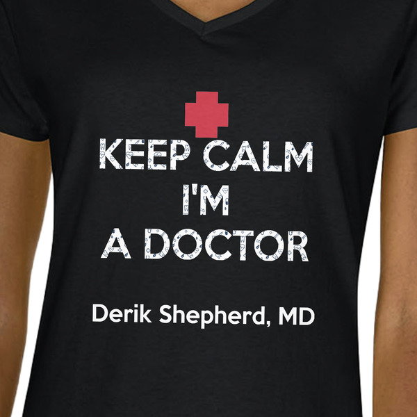 Medical Doctor Black V-Neck T-Shirt on Model - CloseUp