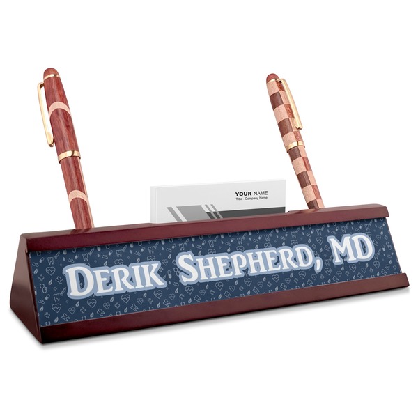 Custom Medical Doctor Red Mahogany Nameplate with Business Card Holder (Personalized)