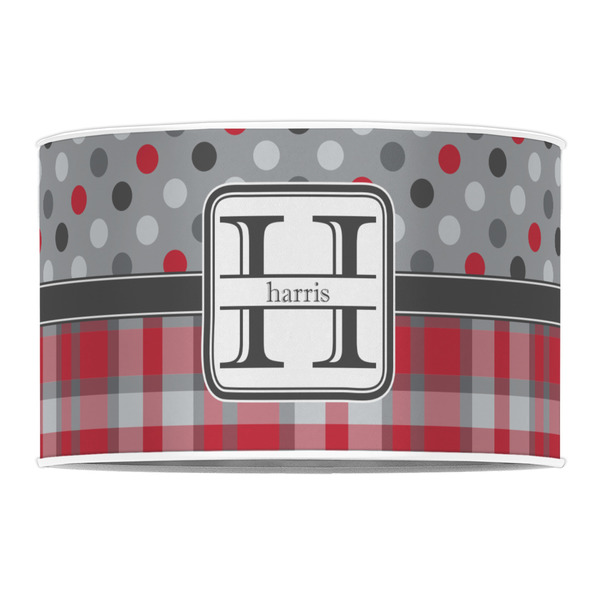 Red & Gray Dots and Plaid 12" Drum Lampshade - FRONT (Poly Film)