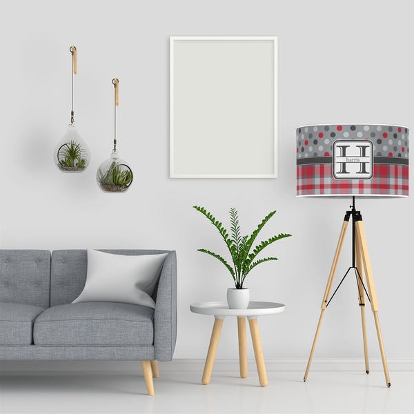 Red & Gray Dots and Plaid 12" Drum Lampshade - LIFESTYLE