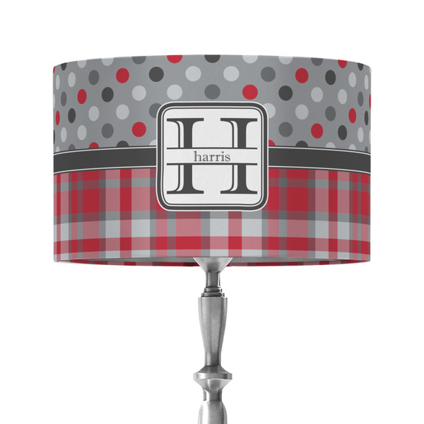 Red & Gray Dots and Plaid 12" Drum Lampshade - ON STAND (Fabric)