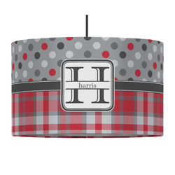 Red & Gray Dots and Plaid 12" Drum Pendant Lamp - Fabric (Personalized)