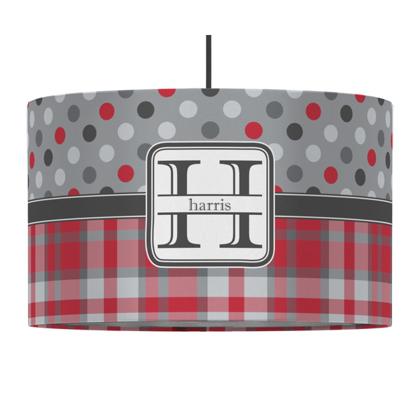 Custom Red & Gray Dots and Plaid 12" Drum Pendant Lamp - Fabric (Personalized)