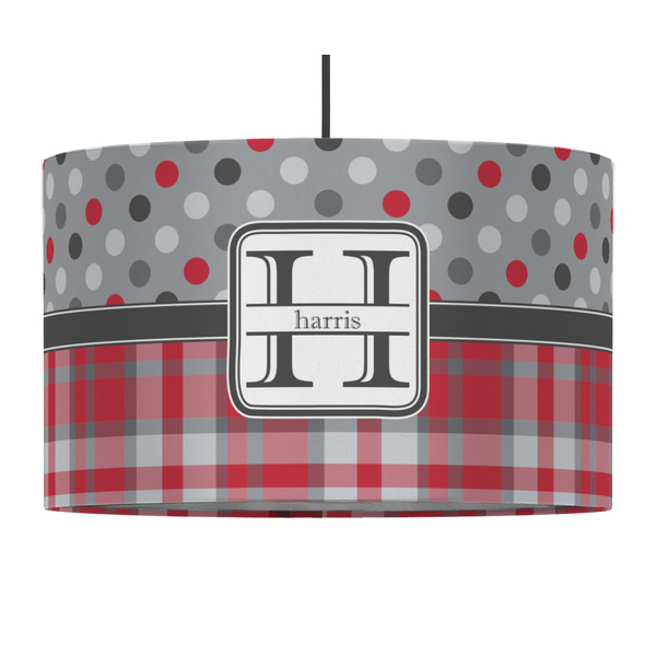Red & Gray Dots and Plaid 12" Drum Lampshade - PENDANT (Fabric)