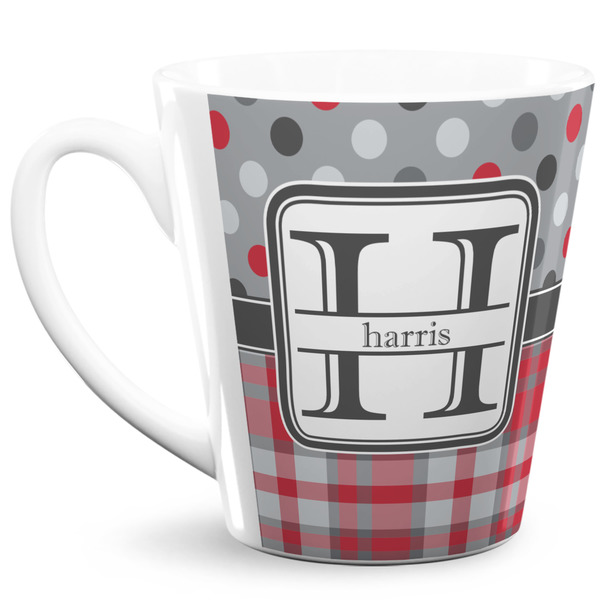Custom Red & Gray Dots and Plaid 12 Oz Latte Mug (Personalized)