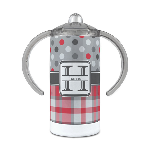 Custom Red & Gray Dots and Plaid 12 oz Stainless Steel Sippy Cup (Personalized)