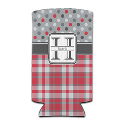 Red & Gray Dots and Plaid Can Cooler (tall 12 oz) (Personalized)