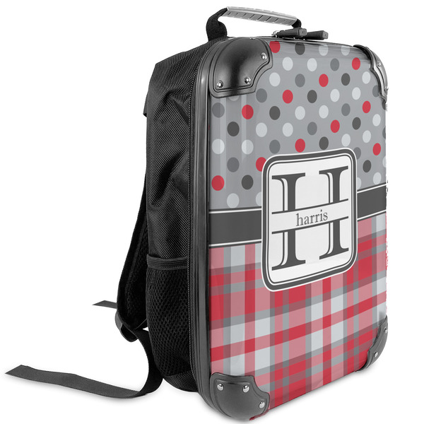 Custom Red & Gray Dots and Plaid Kids Hard Shell Backpack (Personalized)