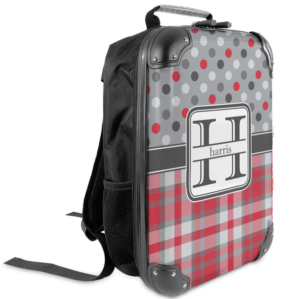 Custom Red & Gray Dots and Plaid Kids Hard Shell Backpack (Personalized)