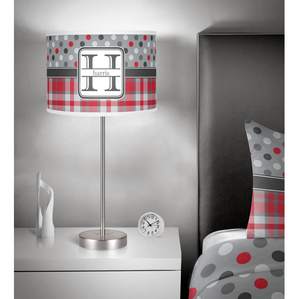 Red & Gray Dots and Plaid 13 inch drum lamp shade - in room