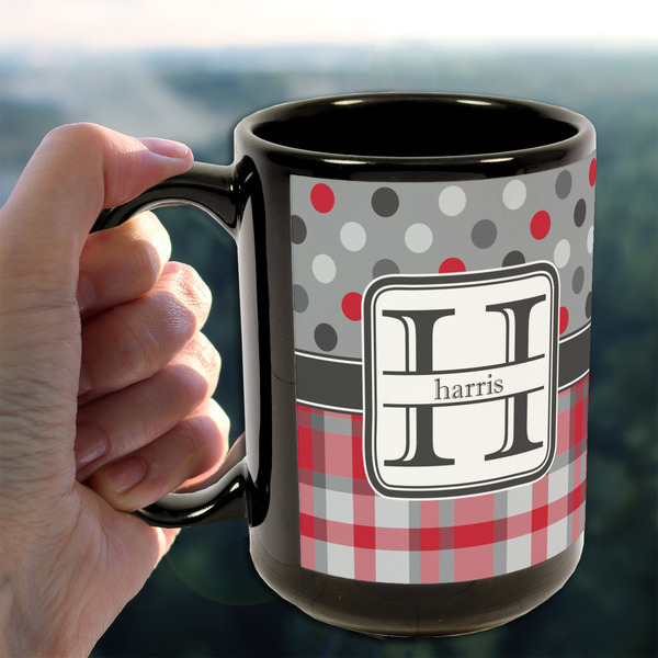 Red & Gray Dots and Plaid 15oz. Black Mug - LIFESTYLE