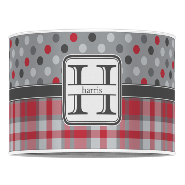 Red & Gray Dots and Plaid 16" Drum Lampshade - FRONT (Poly Film)