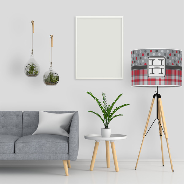 Red & Gray Dots and Plaid 16" Drum Lampshade - LIFESTYLE