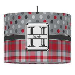Red & Gray Dots and Plaid 16" Drum Pendant Lamp - Fabric (Personalized)