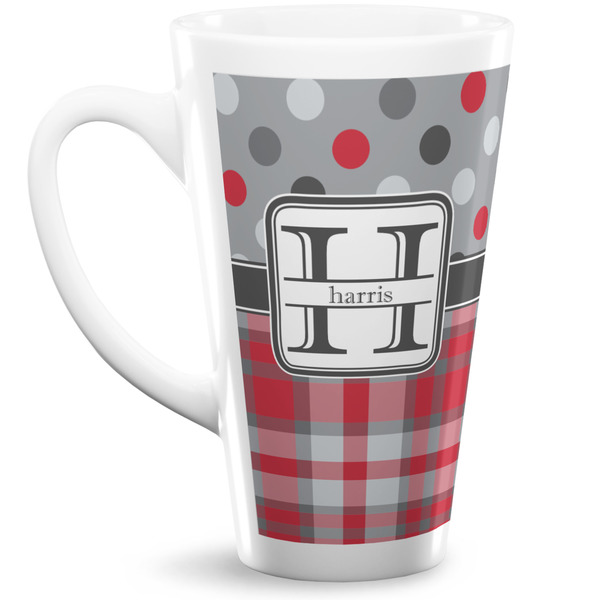 Custom Red & Gray Dots and Plaid 16 Oz Latte Mug (Personalized)
