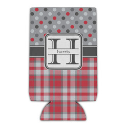 Red & Gray Dots and Plaid Can Cooler (16 oz) (Personalized)