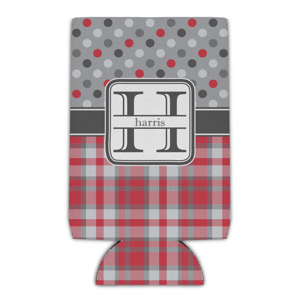 Custom Red & Gray Dots and Plaid Can Cooler (16 oz) (Personalized)
