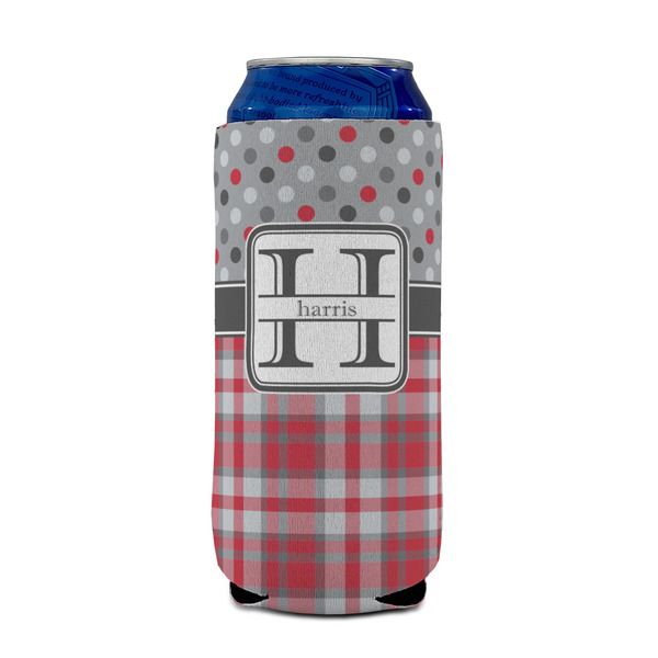 Red & Gray Dots and Plaid 16oz Can Sleeve - FRONT (on can)