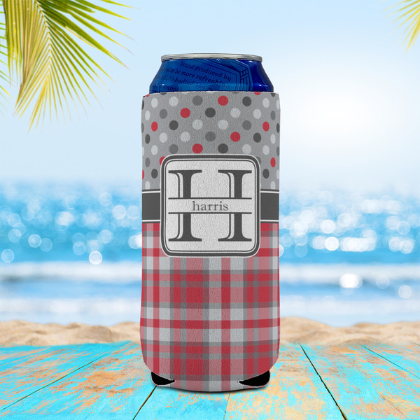 Red & Gray Dots and Plaid 16oz Can Sleeve - LIFESTYLE