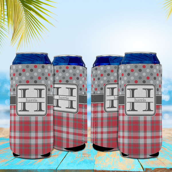 Red & Gray Dots and Plaid 16oz Can Sleeve - Set of 4 - LIFESTYLE