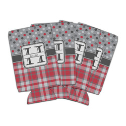 Red & Gray Dots and Plaid Can Cooler (16 oz) - Set of 4 (Personalized)