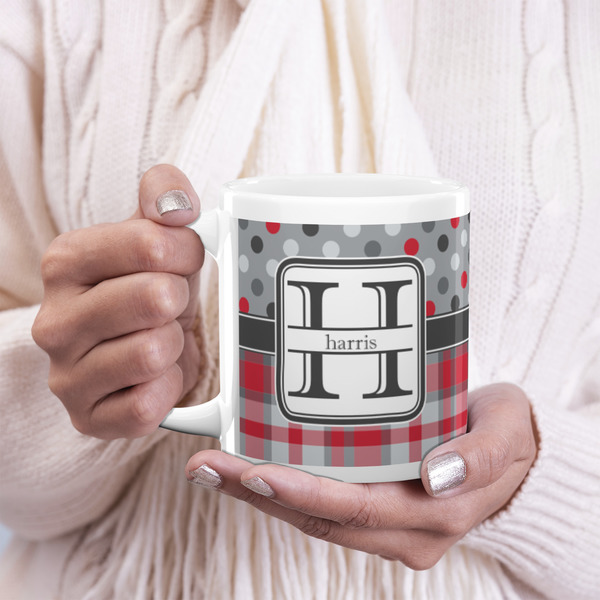 Red & Gray Dots and Plaid 20oz Coffee Mug - LIFESTYLE