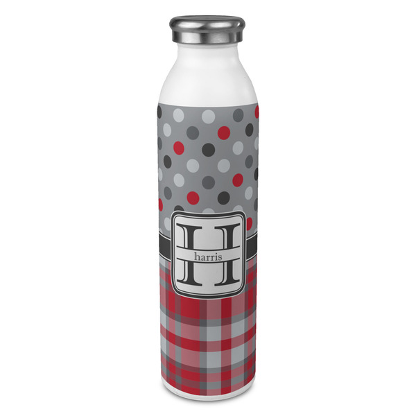 Custom Red & Gray Dots and Plaid 20oz Stainless Steel Water Bottle - Full Print (Personalized)