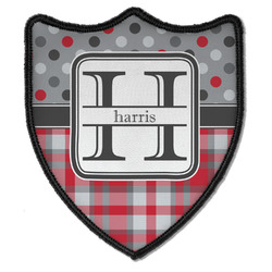 Red & Gray Dots and Plaid Iron On Shield Patch B w/ Name and Initial