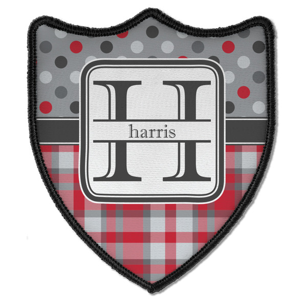 Custom Red & Gray Dots and Plaid Iron On Shield Patch B w/ Name and Initial