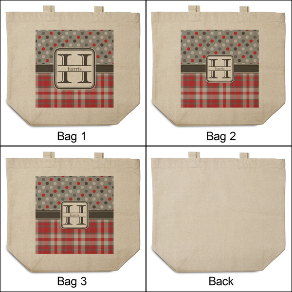 Red & Gray Dots and Plaid 3 Reusable Cotton Grocery Bags - Front & Back View