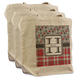 Red & Gray Dots and Plaid Reusable Cotton Grocery Bags - Set of 3 (Personalized)