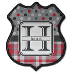 Red & Gray Dots and Plaid Iron On Shield Patch C w/ Name and Initial