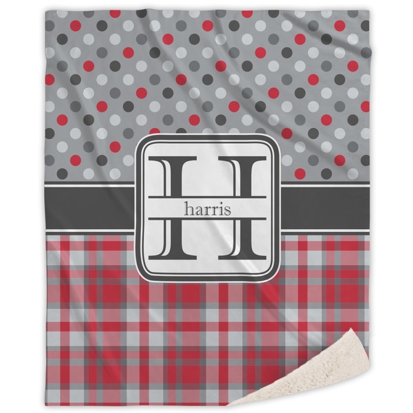 Custom Red & Gray Dots and Plaid Sherpa Throw Blanket (Personalized)