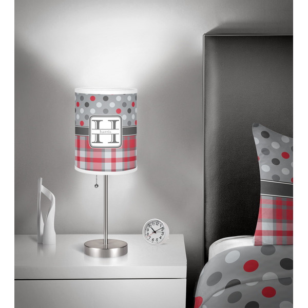 Red & Gray Dots and Plaid 7 inch drum lamp shade - in room