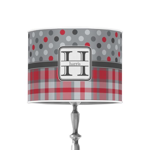Red & Gray Dots and Plaid 8" Drum Lampshade - ON STAND (Poly Film)
