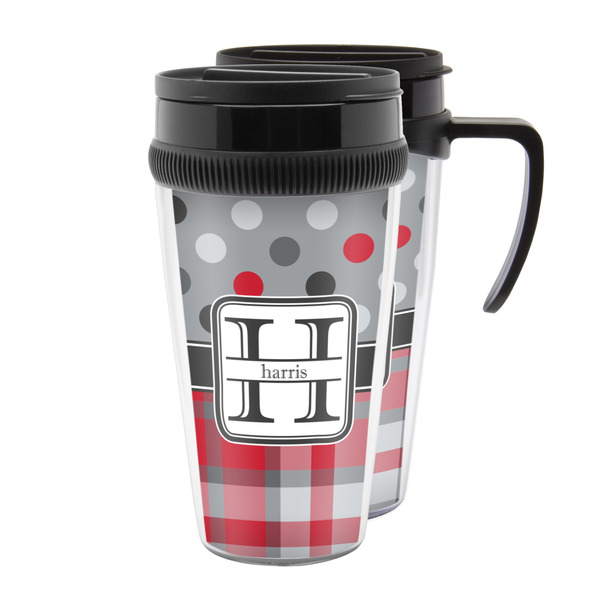Custom Red & Gray Dots and Plaid Acrylic Travel Mug (Personalized)