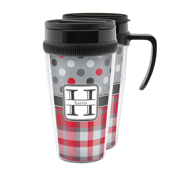 Custom Red & Gray Dots and Plaid Acrylic Travel Mug (Personalized)