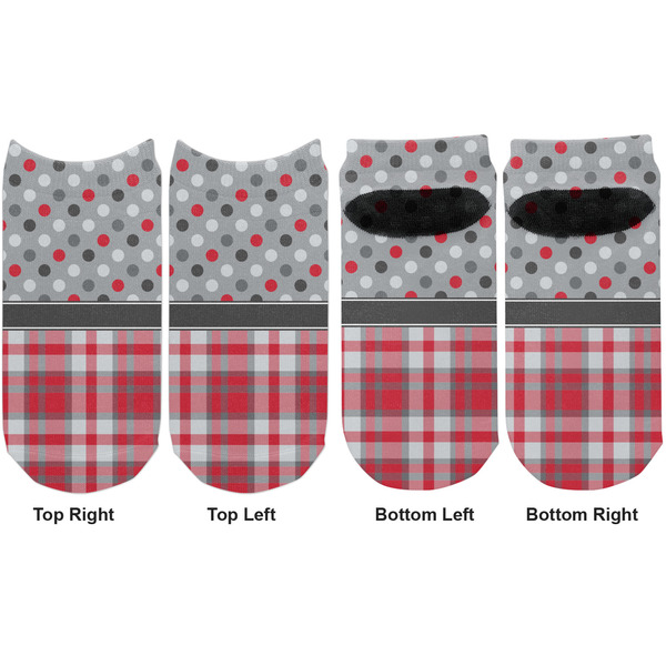 Red & Gray Dots and Plaid Adult Ankle Socks - Double Pair - Front and Back - Apvl