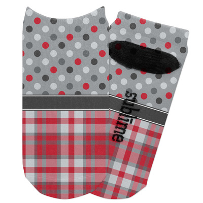Red & Gray Dots and Plaid Adult Ankle Socks (Personalized)