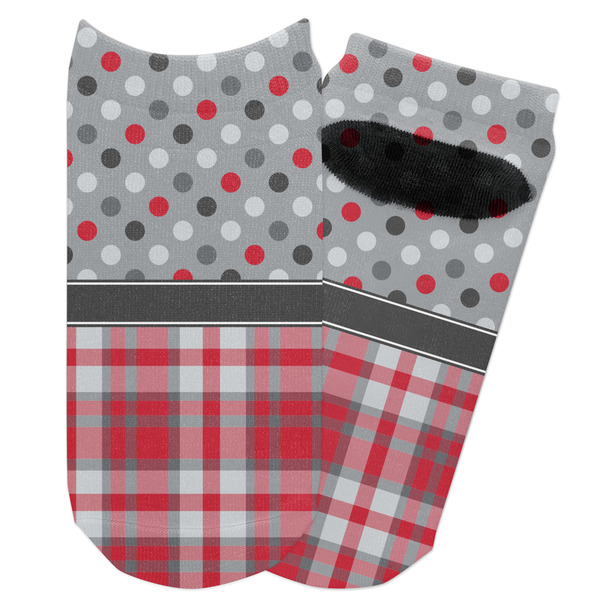 Custom Red & Gray Dots and Plaid Adult Ankle Socks
