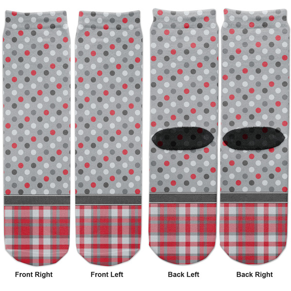 Red & Gray Dots and Plaid Adult Crew Socks - Double Pair - Front and Back - Apvl