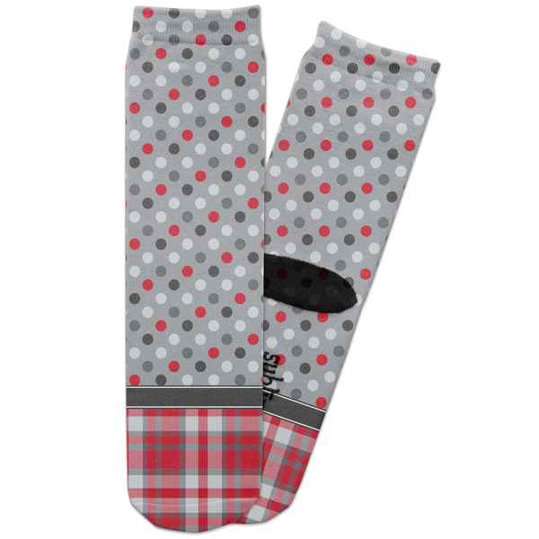 Custom Red & Gray Dots and Plaid Adult Crew Socks