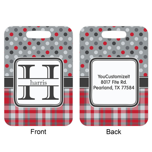 Red & Gray Dots and Plaid Aluminum Luggage Tag (Front + Back)