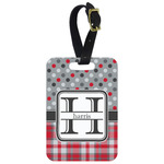 Red & Gray Dots and Plaid Metal Luggage Tag w/ Name and Initial