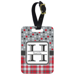 Red & Gray Dots and Plaid Metal Luggage Tag w/ Name and Initial