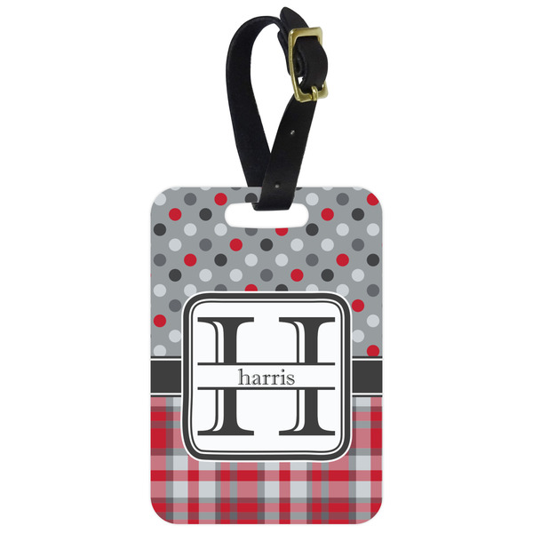 Custom Red & Gray Dots and Plaid Metal Luggage Tag w/ Name and Initial