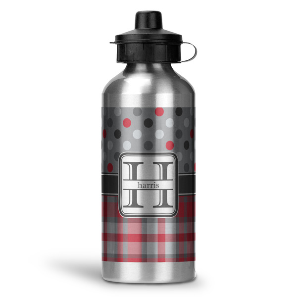 Custom Red & Gray Dots and Plaid Water Bottle - Aluminum - 20 oz (Personalized)