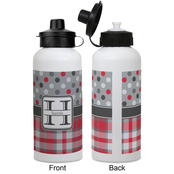Red & Gray Dots and Plaid Aluminum Water Bottle - White APPROVAL