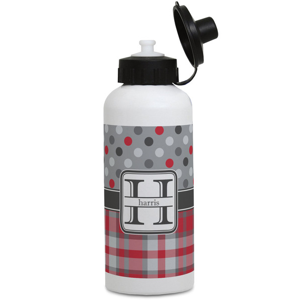 Custom Red & Gray Dots and Plaid Water Bottles - Aluminum - 20 oz - White (Personalized)