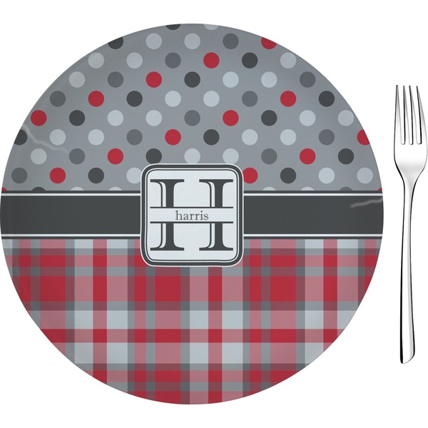Custom Red & Gray Dots and Plaid Glass Appetizer / Dessert Plate 8" (Personalized)